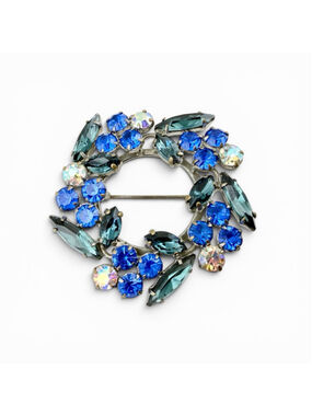 Vintage Austrian Crystal Wreath Brooch Blue Rhinestone AB Pin Mid Century